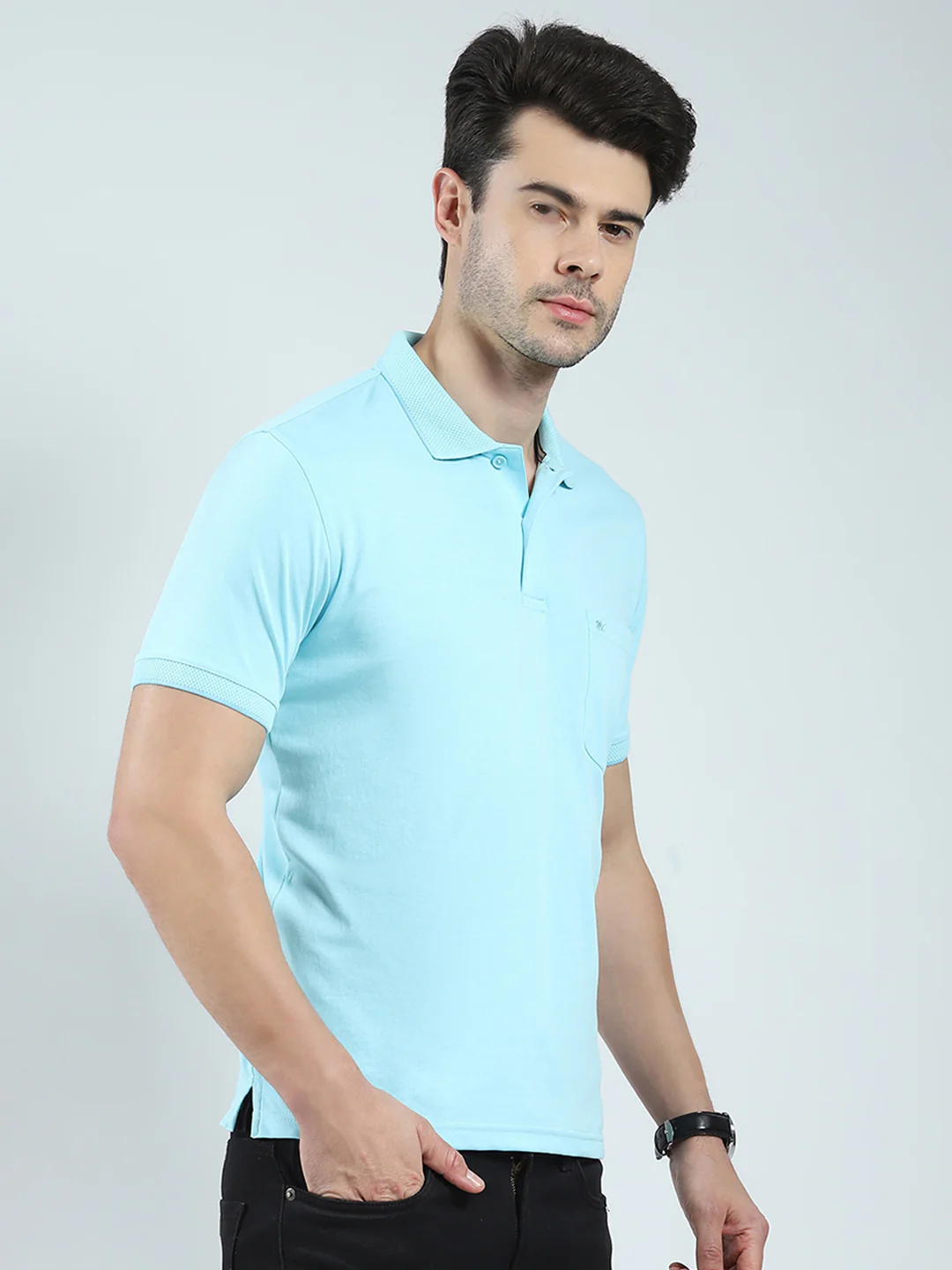 Men Blue Solid Collar Half Sleeve T-Shirt - Image 4