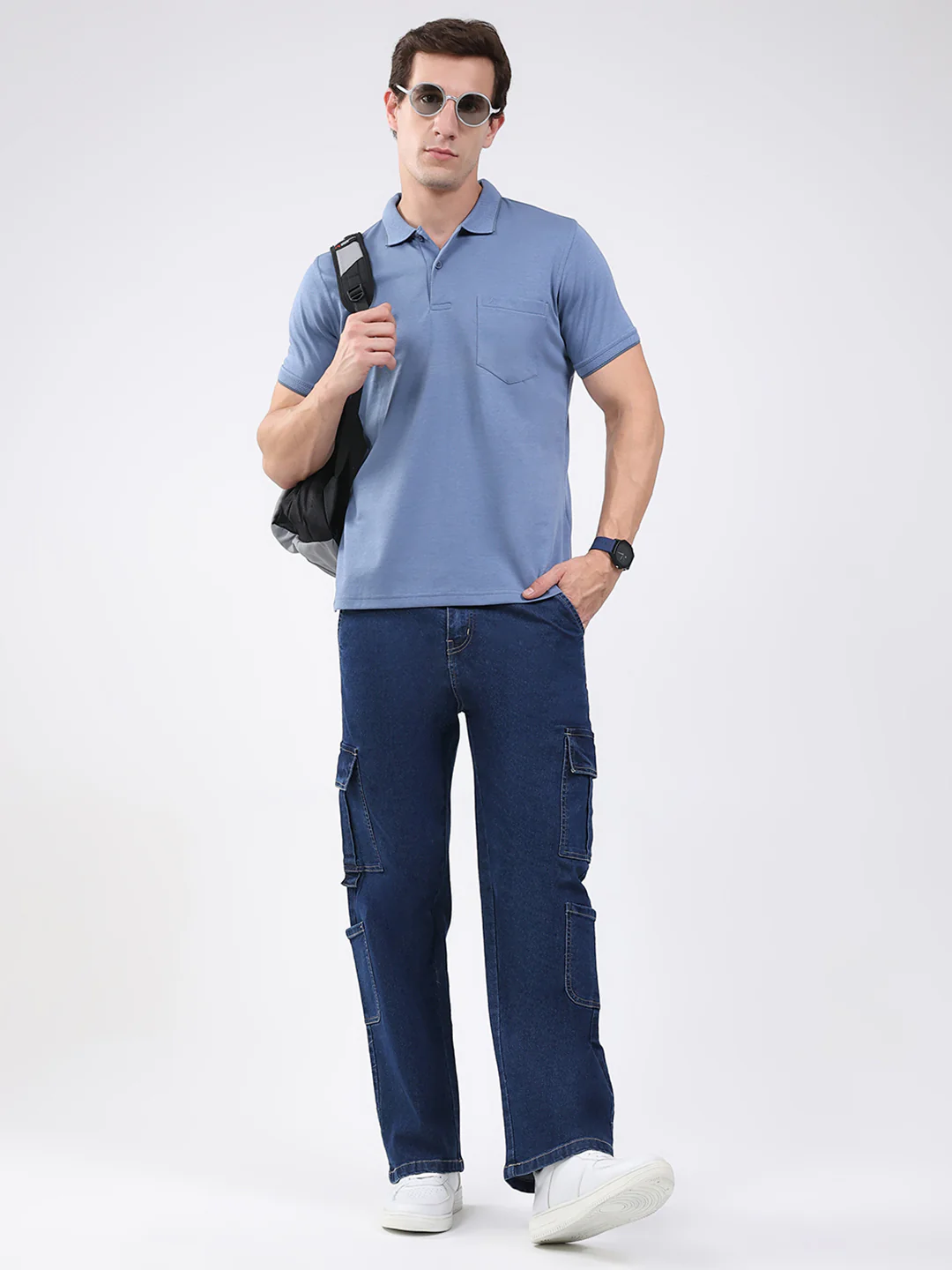 Men Blue Solid Collar Half Sleeve T-Shirt - Image 2