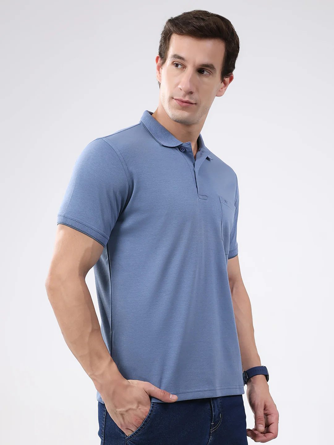 Men Blue Solid Collar Half Sleeve T-Shirt - Image 4