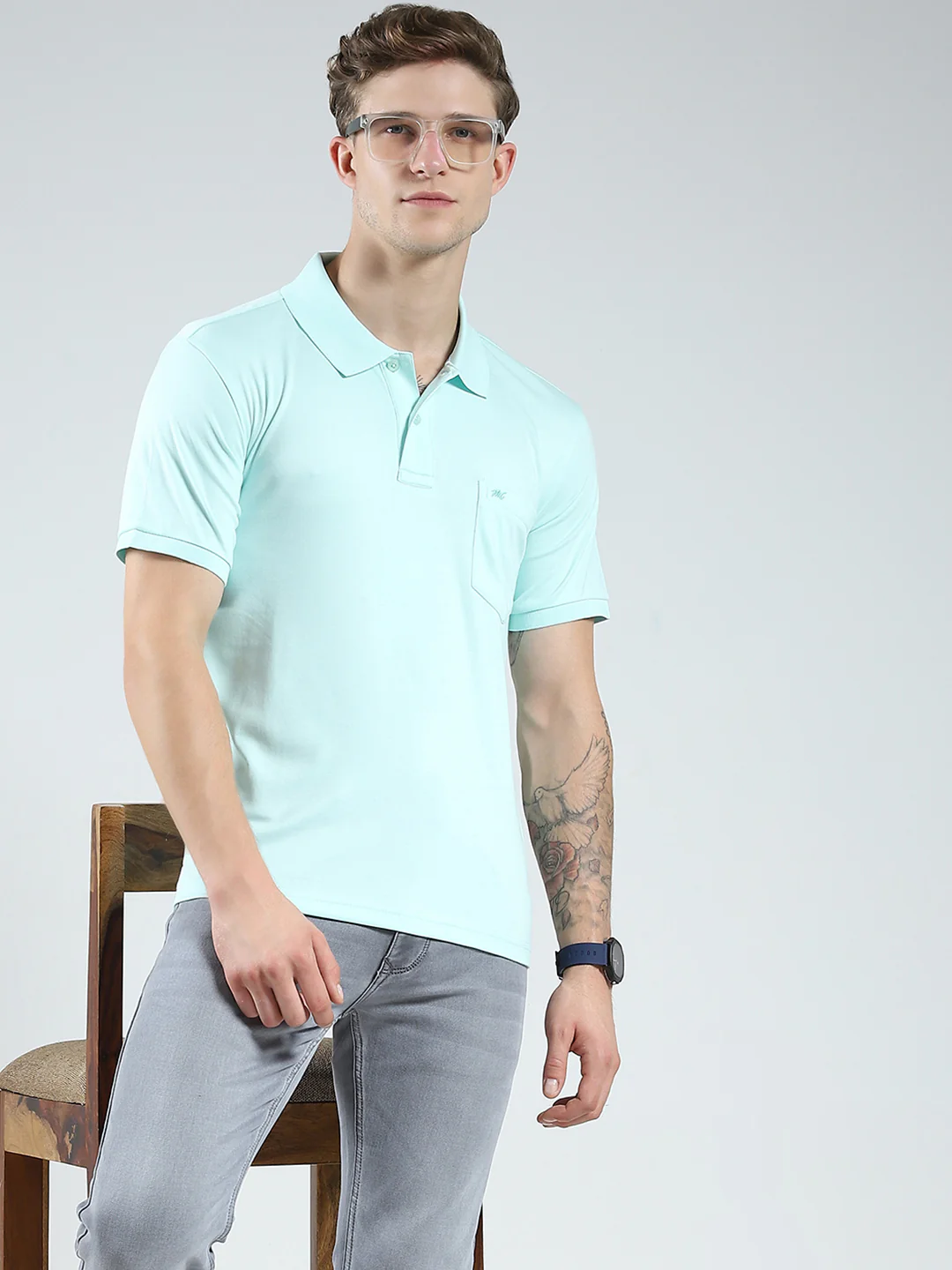 Men Blue Solid Collar Half Sleeve T-Shirt - Image 6
