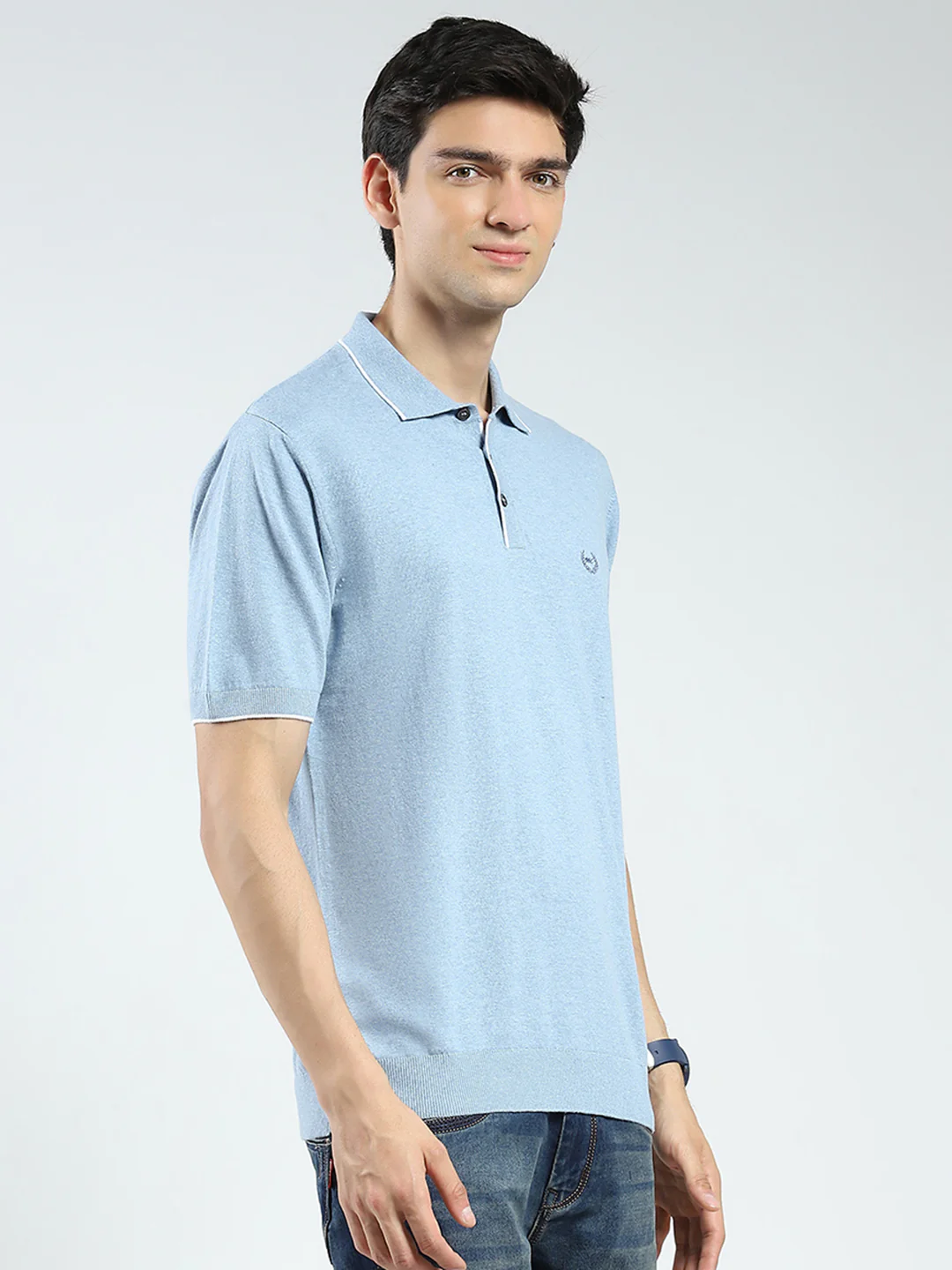 Men Blue Solid Collar Half Sleeve T-Shirt - Image 4