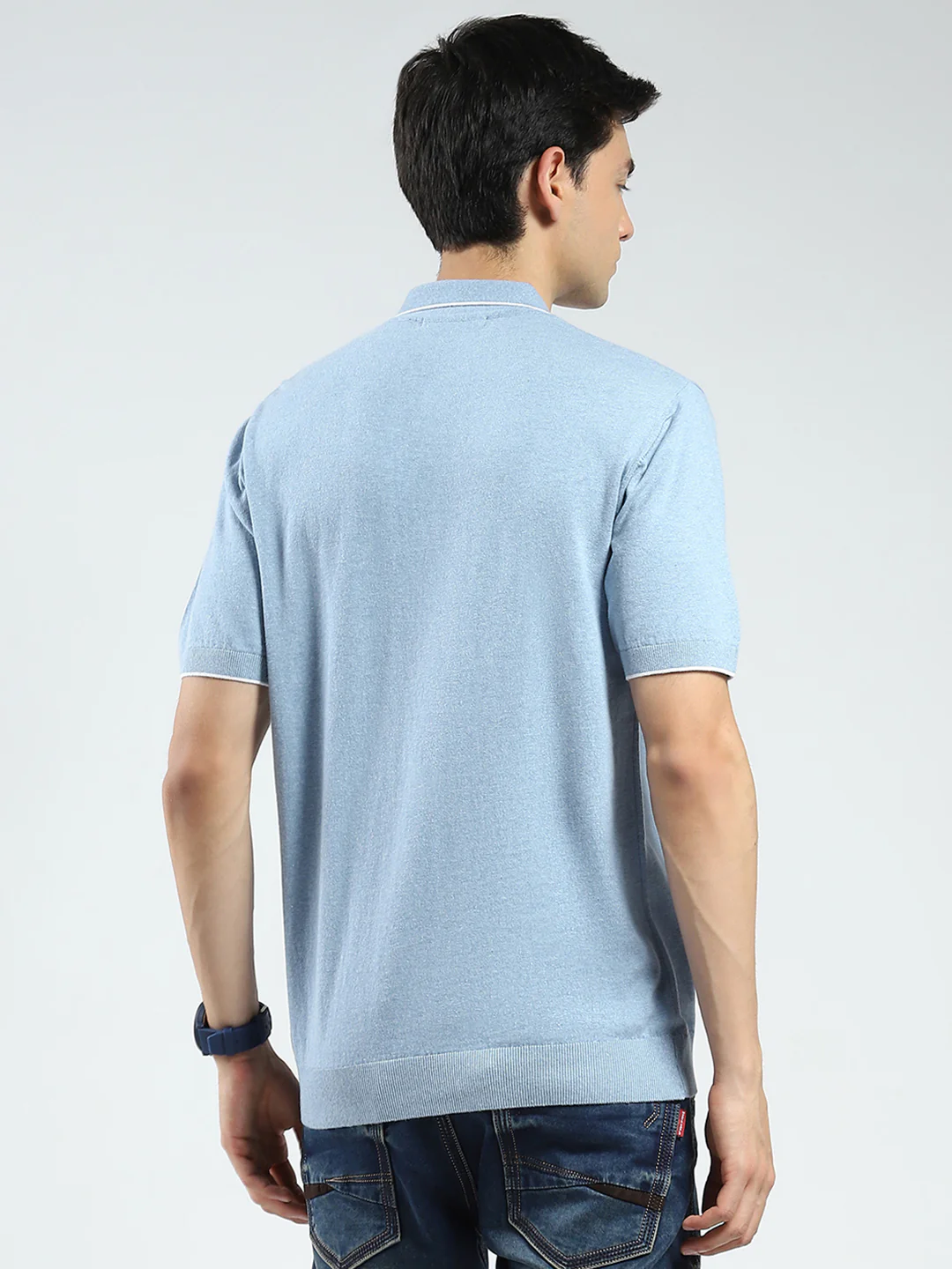 Men Blue Solid Collar Half Sleeve T-Shirt - Image 5