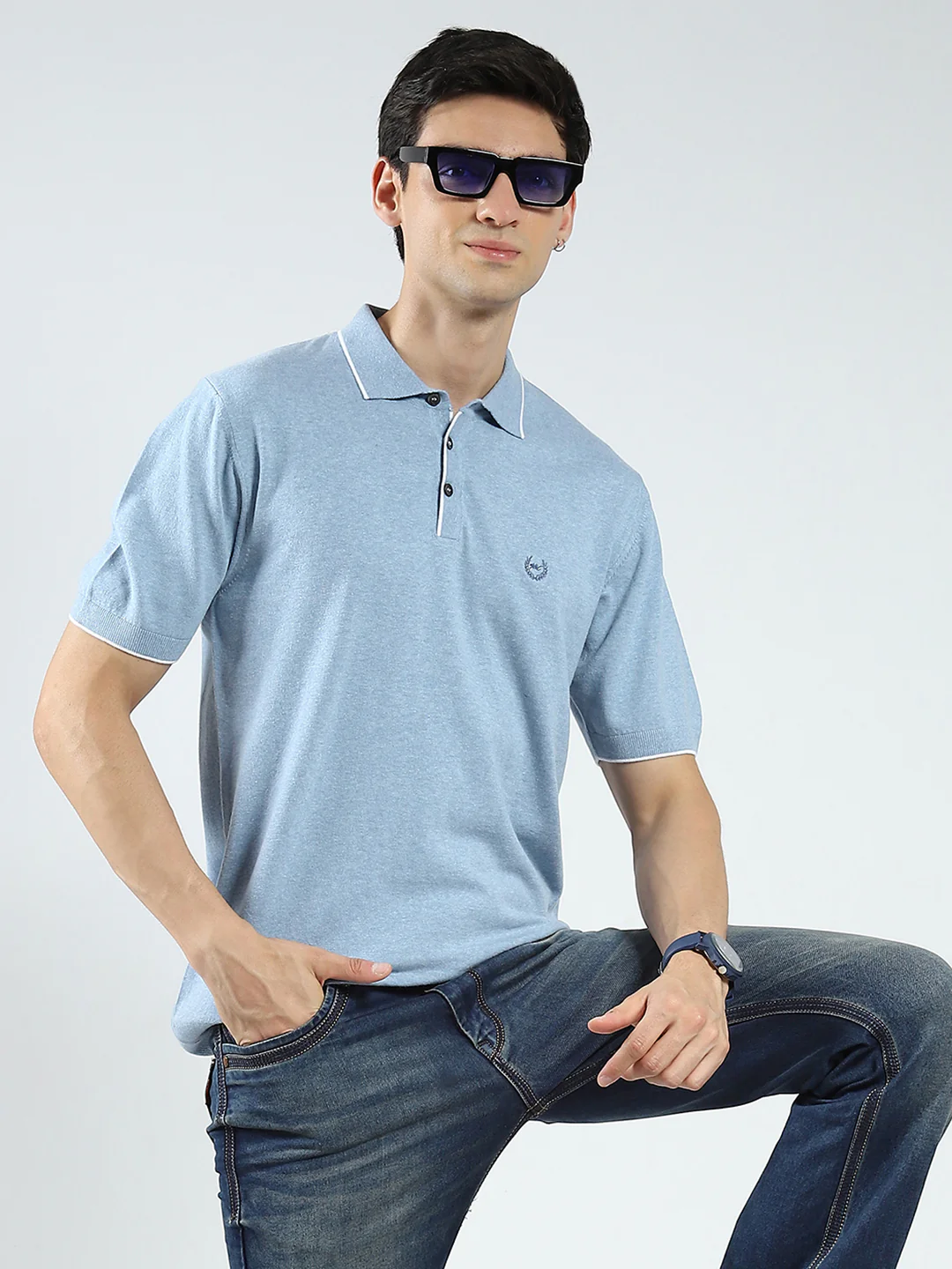 Men Blue Solid Collar Half Sleeve T-Shirt - Image 6