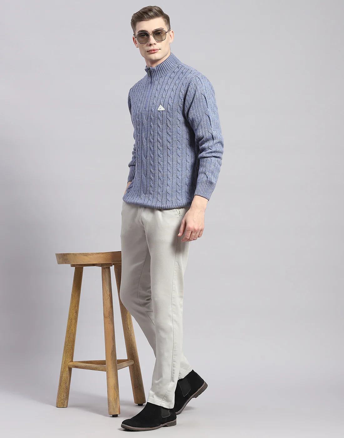 Men Blue Solid H Neck Full Sleeve Pullover - Image 2