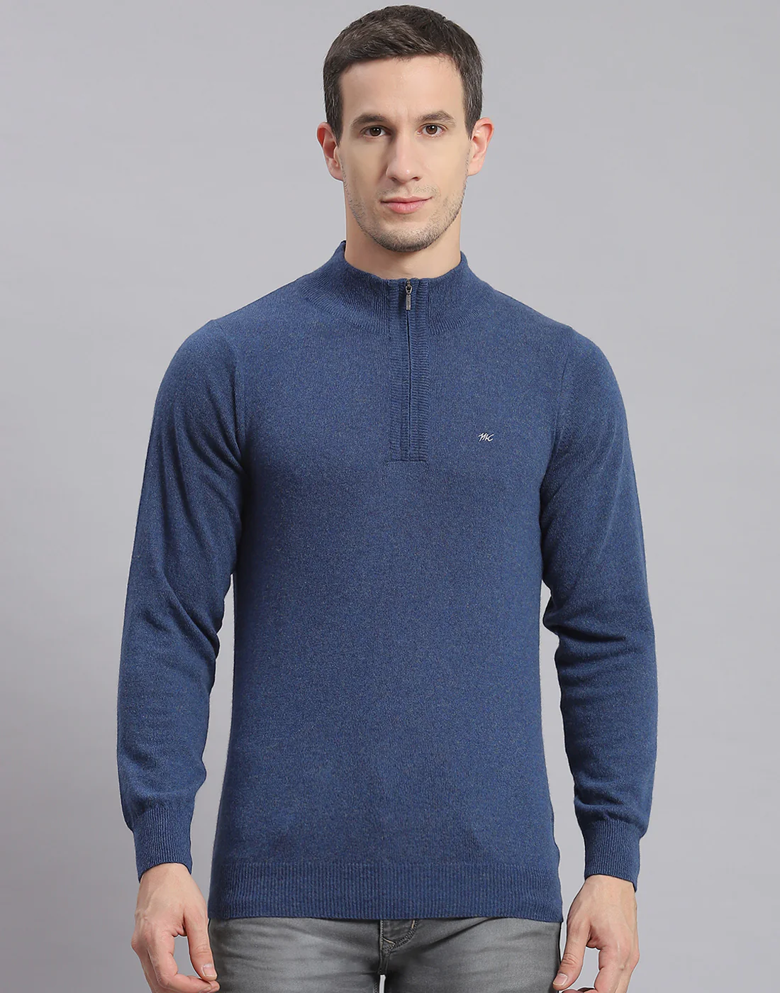 Men Blue Solid H Neck Full Sleeve Sweater - Image 2