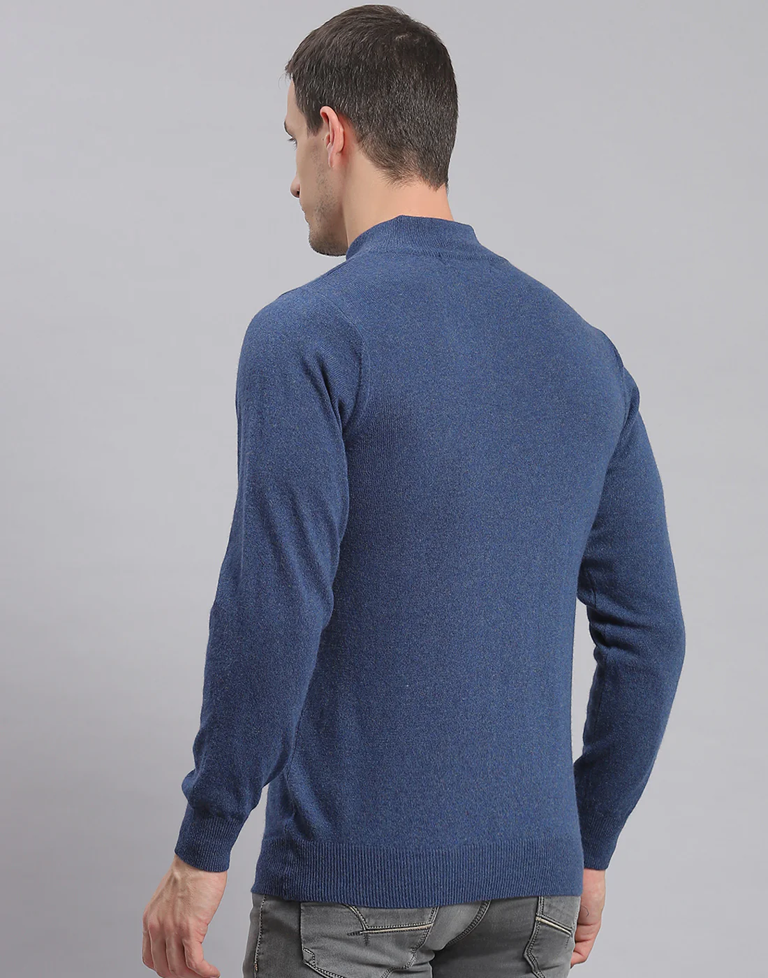 Men Blue Solid H Neck Full Sleeve Sweater - Image 6