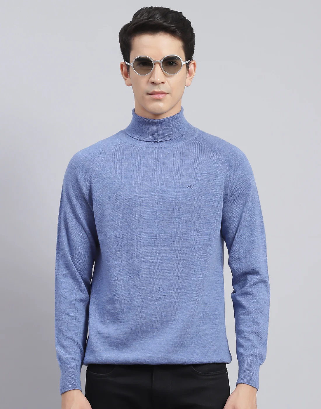 Men Blue Solid High Neck Full Sleeve Pullover - Image 2