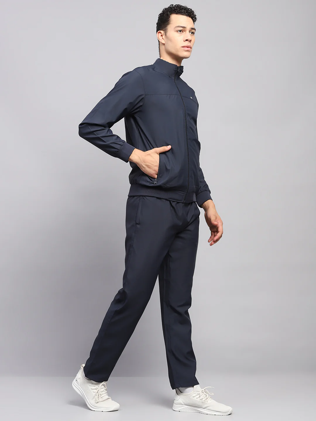 Men Blue Solid High Neck Full Sleeve Tracksuit - Image 4