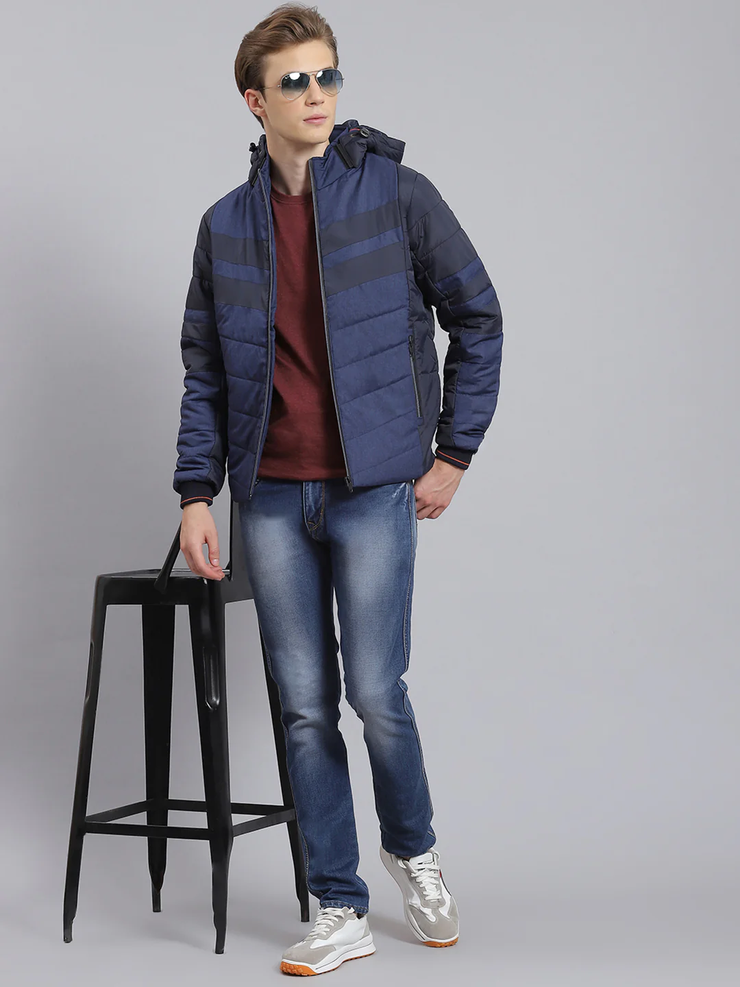 Men Blue Solid Hooded Full Sleeve Jacket - Image 2