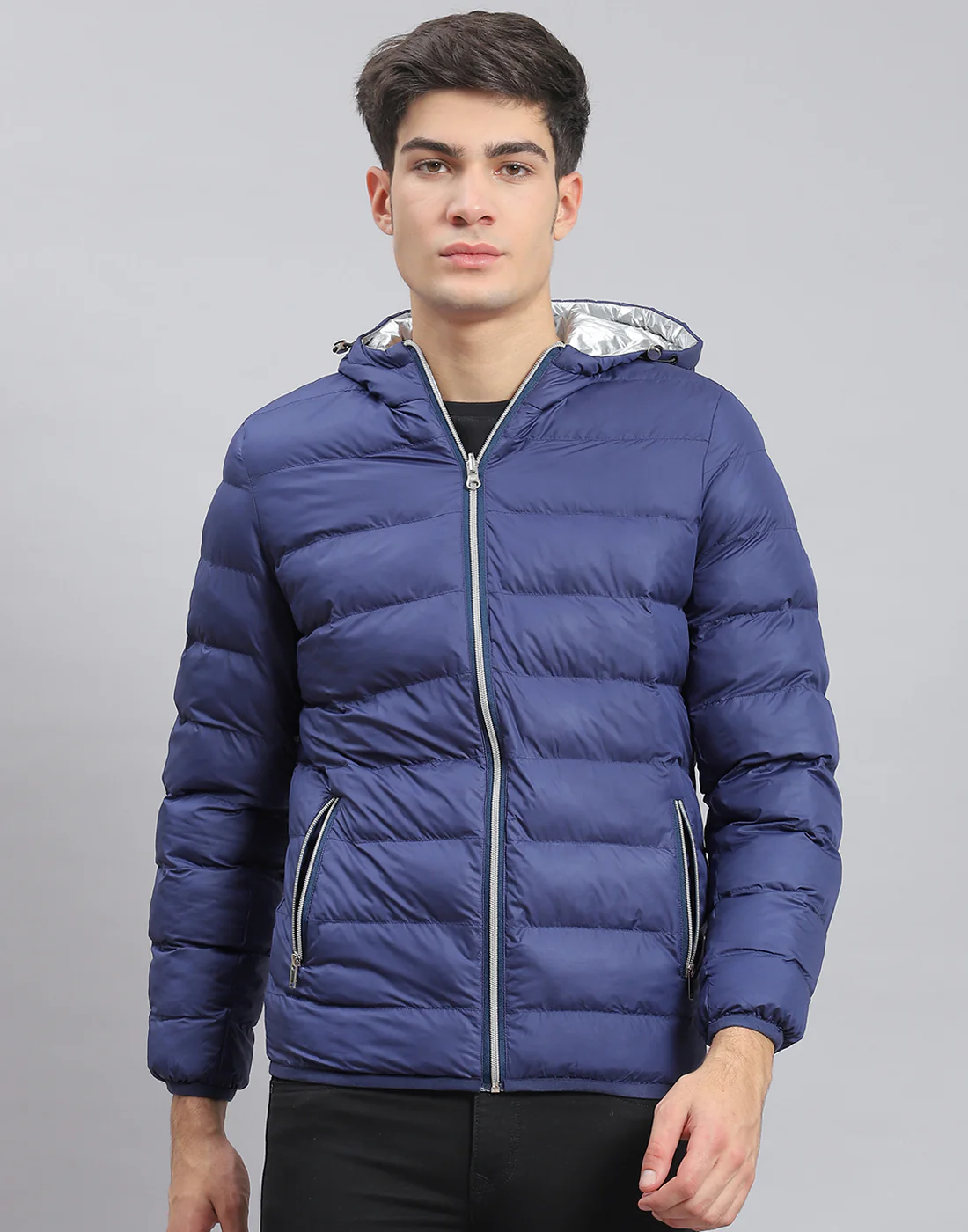 Men Blue Solid Hooded Full Sleeve Jacket - Image 2