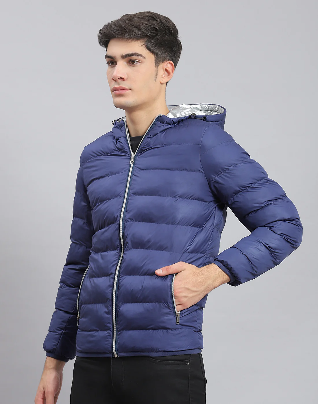 Men Blue Solid Hooded Full Sleeve Jacket - Image 3