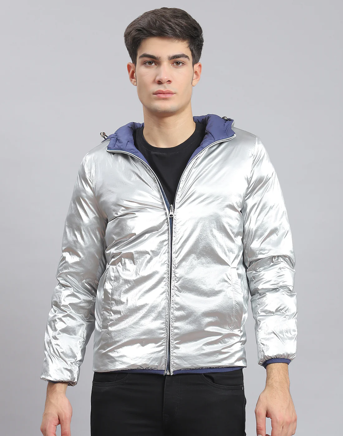 Men Blue Solid Hooded Full Sleeve Jacket - Image 6