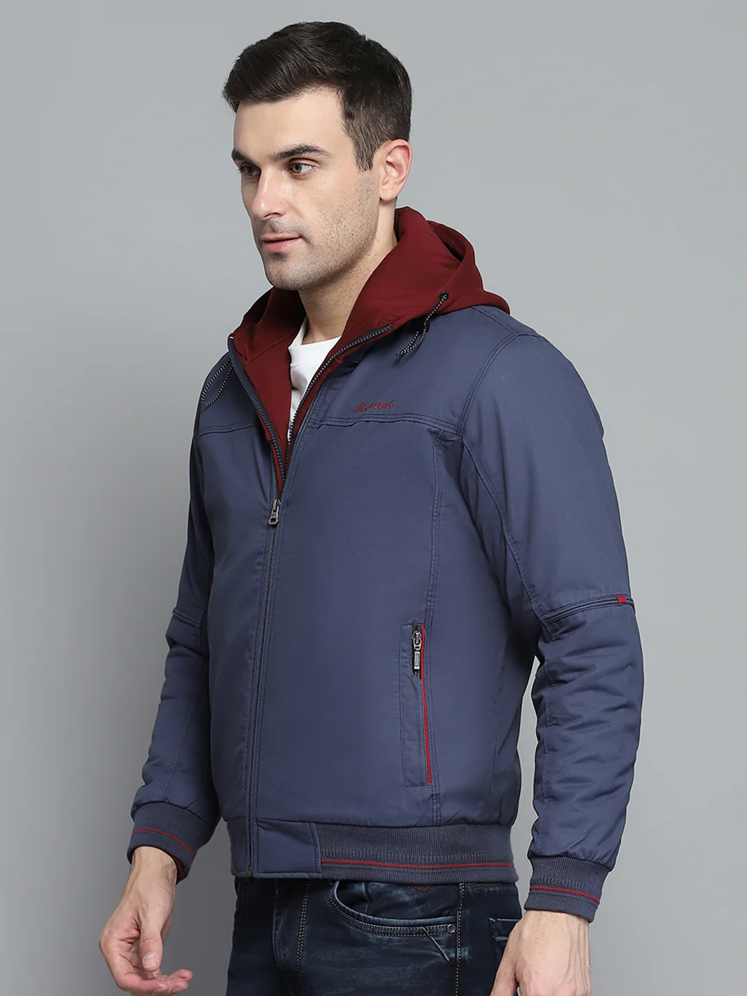 Men Blue Solid Hooded Full Sleeve Jacket - Image 3
