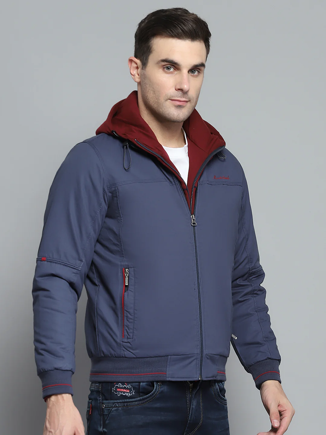 Men Blue Solid Hooded Full Sleeve Jacket - Image 4