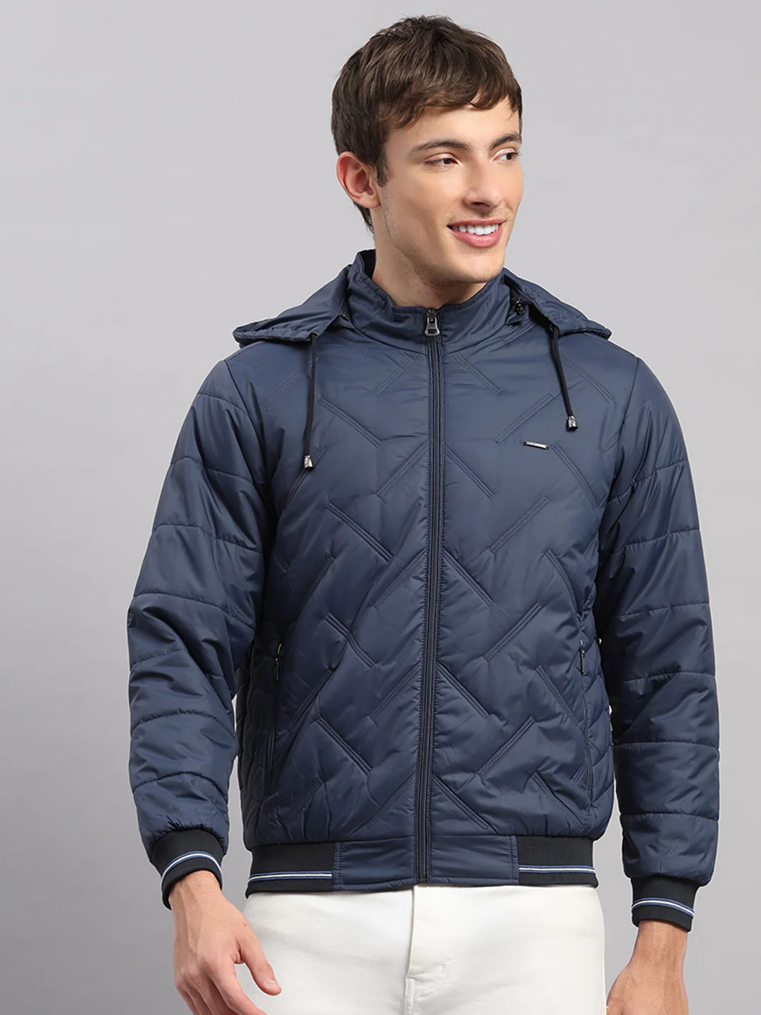 Men Blue Solid Hooded Full Sleeve Jacket