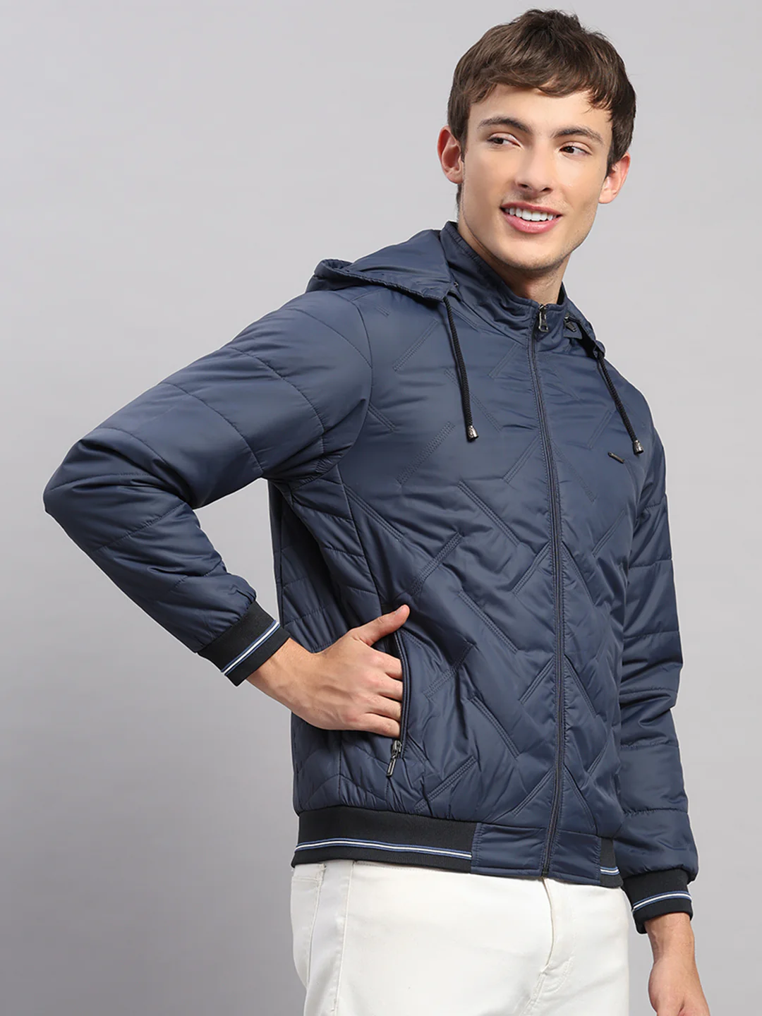 Men Blue Solid Hooded Full Sleeve Jacket - Image 4