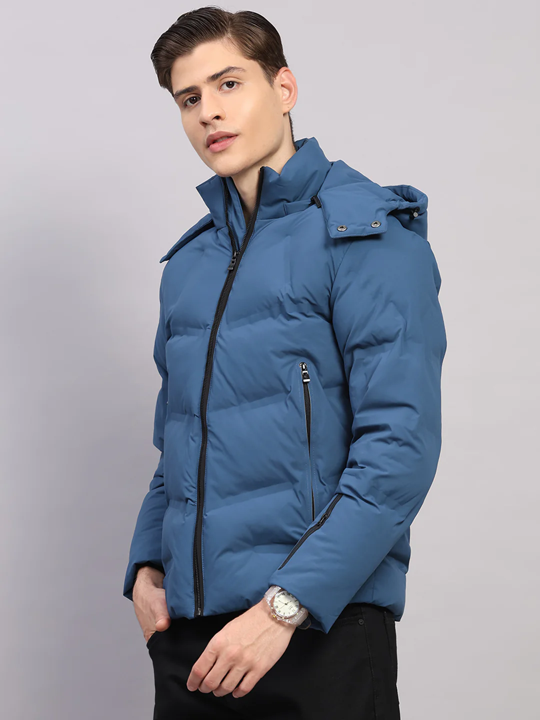 Luxuria Men Blue Solid Hooded Full Sleeve Jacket - Image 3