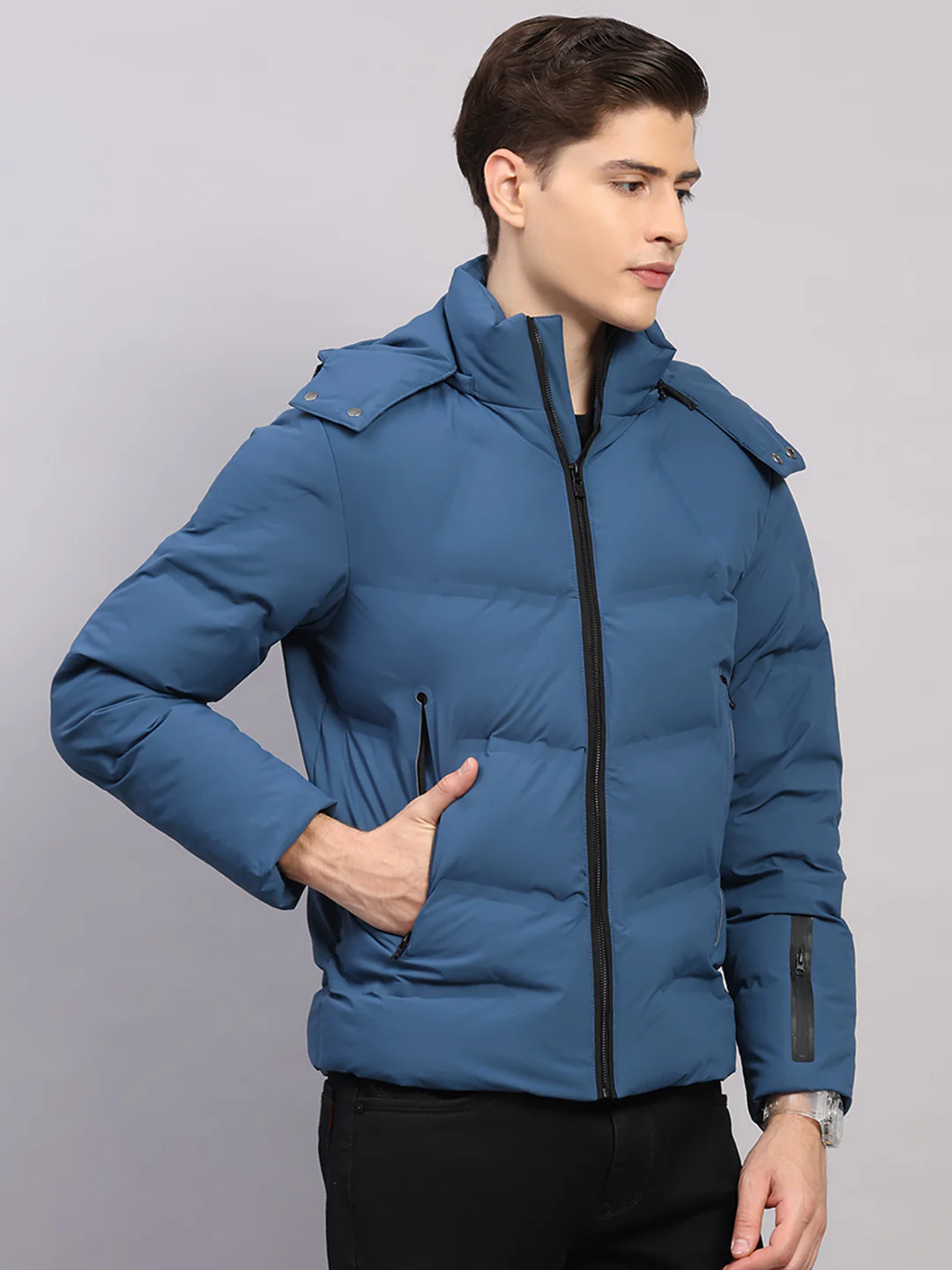 Luxuria Men Blue Solid Hooded Full Sleeve Jacket - Image 4