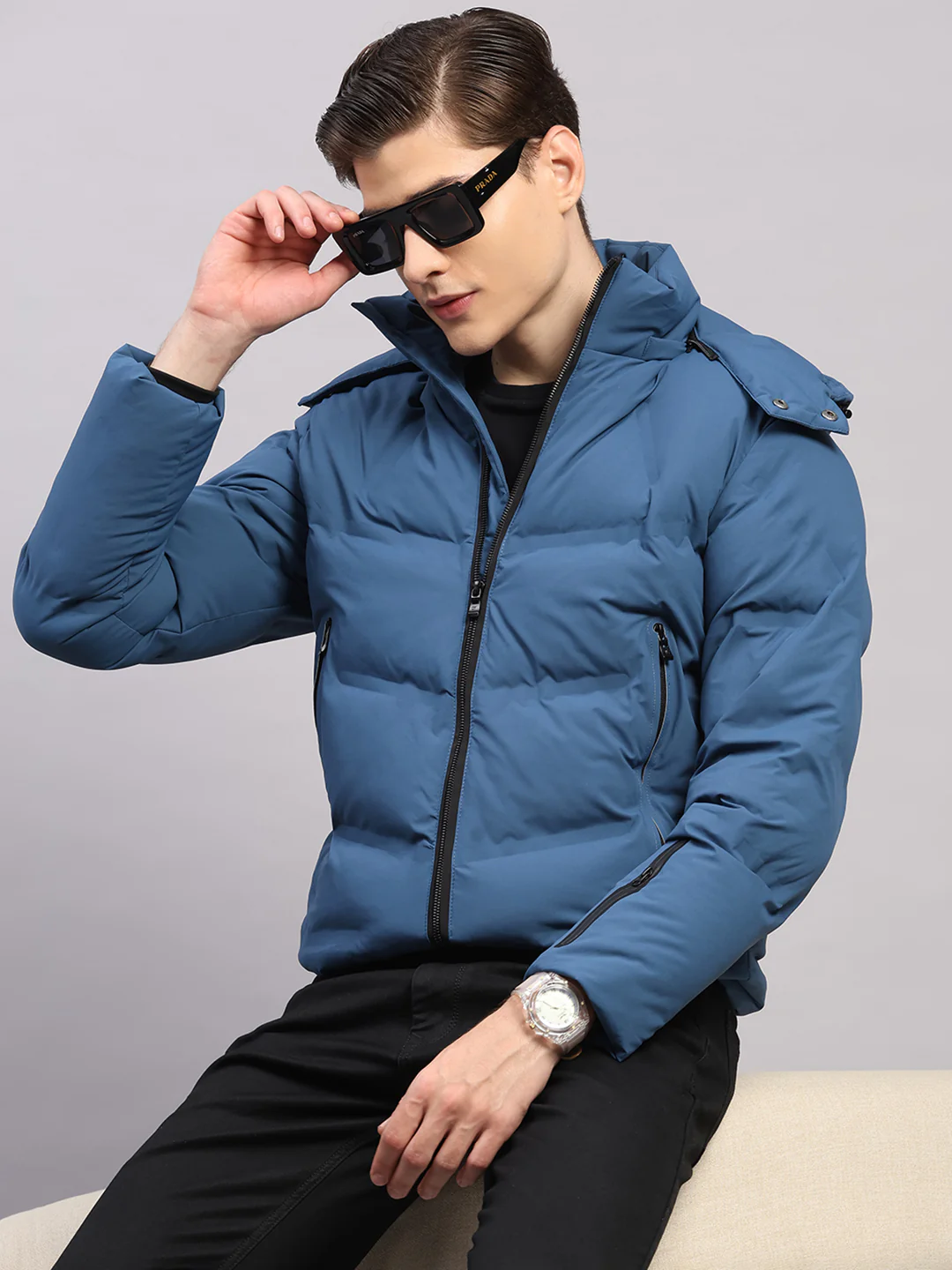 Luxuria Men Blue Solid Hooded Full Sleeve Jacket - Image 6