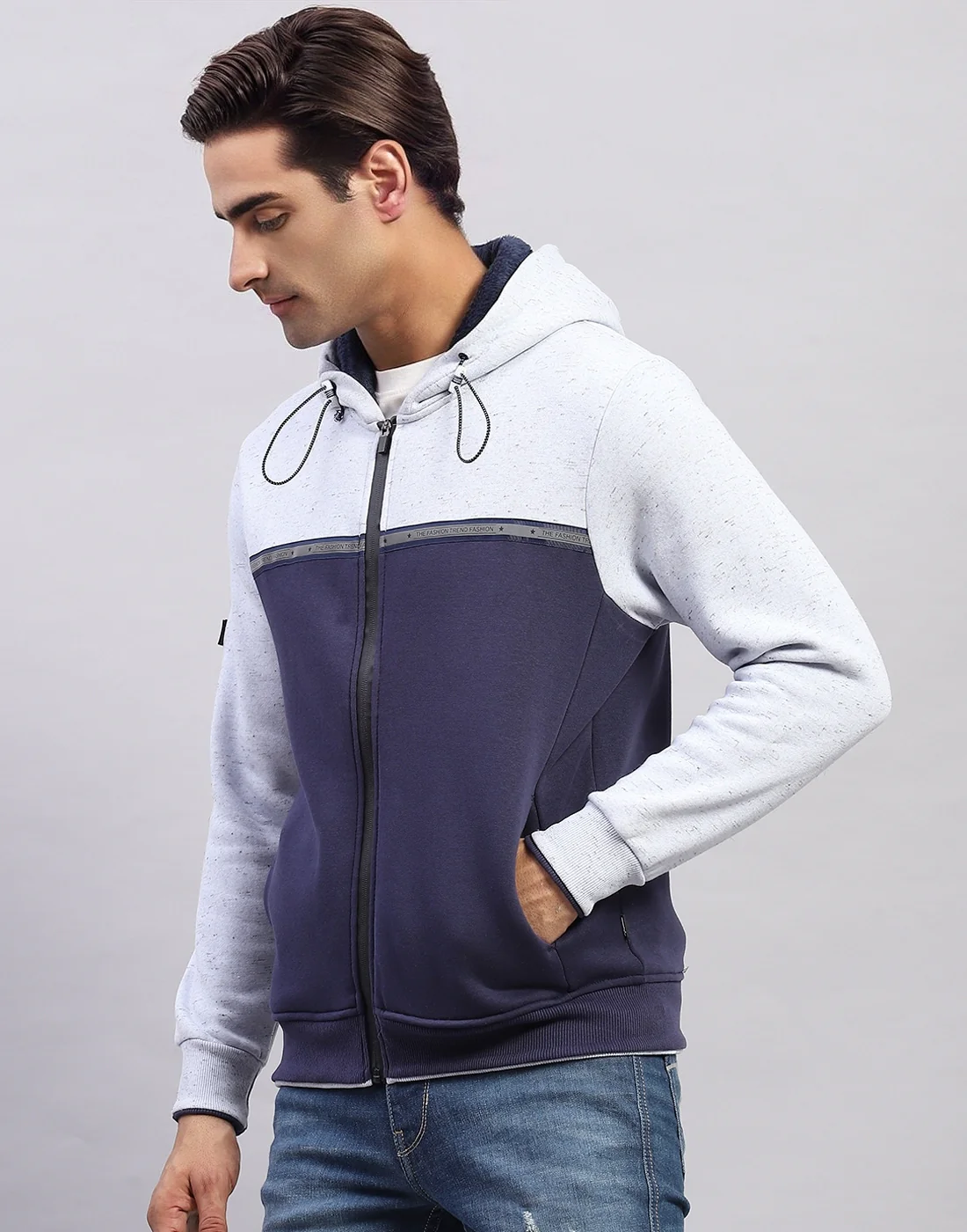 Men Blue Solid Hooded Full Sleeve Sweatshirt - Image 3