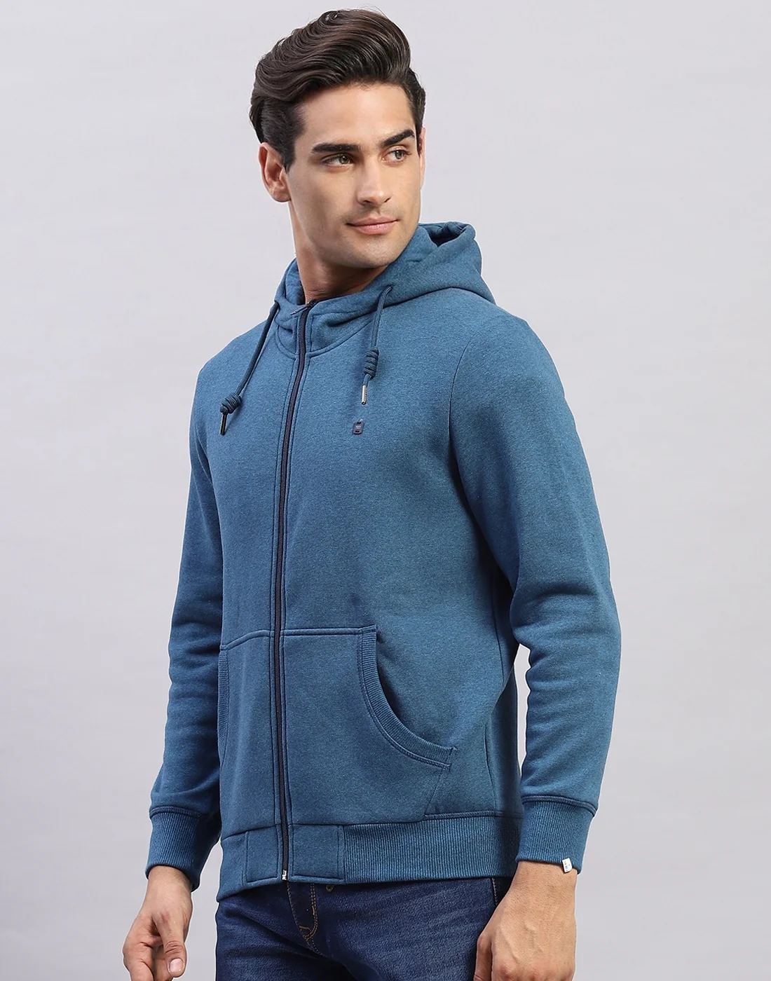 Men Blue Solid Hooded Full Sleeve Sweatshirt - Image 3