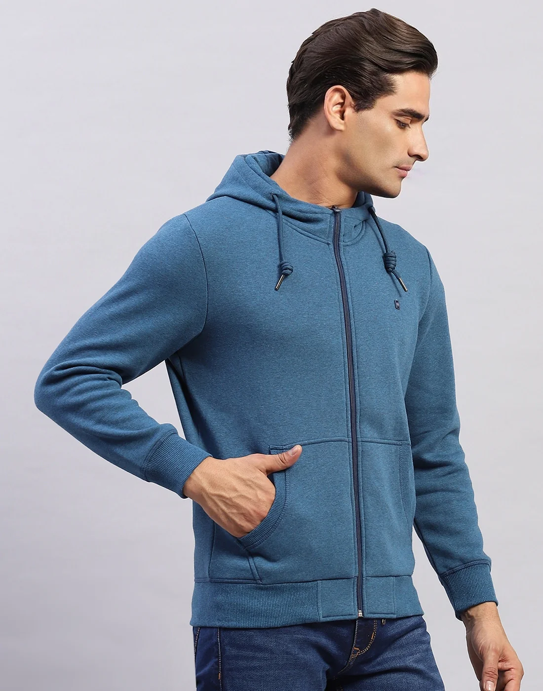 Men Blue Solid Hooded Full Sleeve Sweatshirt - Image 4