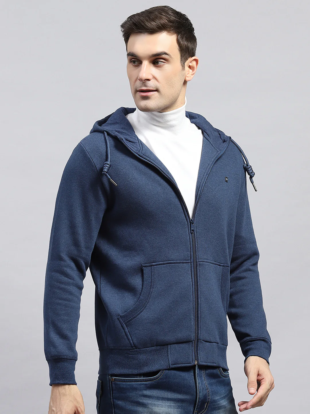 Men Blue Solid Hooded Full Sleeve Sweatshirt - Image 4