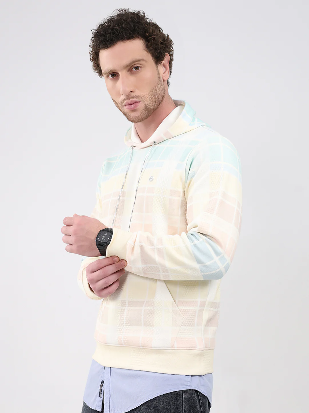 Men Blue Solid Hooded Full Sleeve Sweatshirt - Image 3