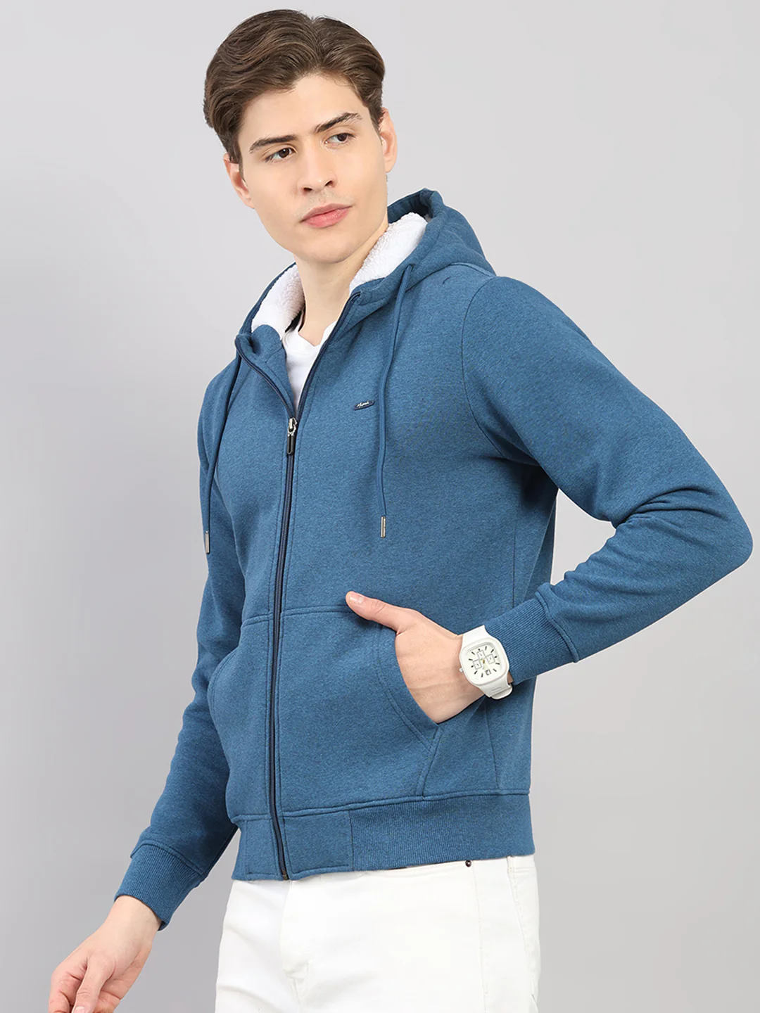 Men Blue Solid Hooded Full Sleeve Sweatshirt - Image 3