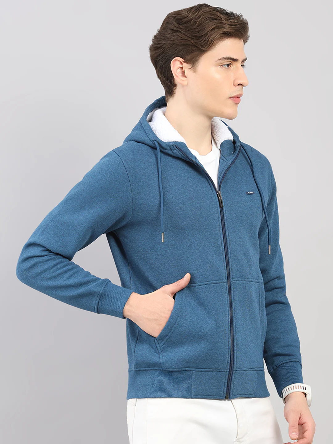 Men Blue Solid Hooded Full Sleeve Sweatshirt - Image 4