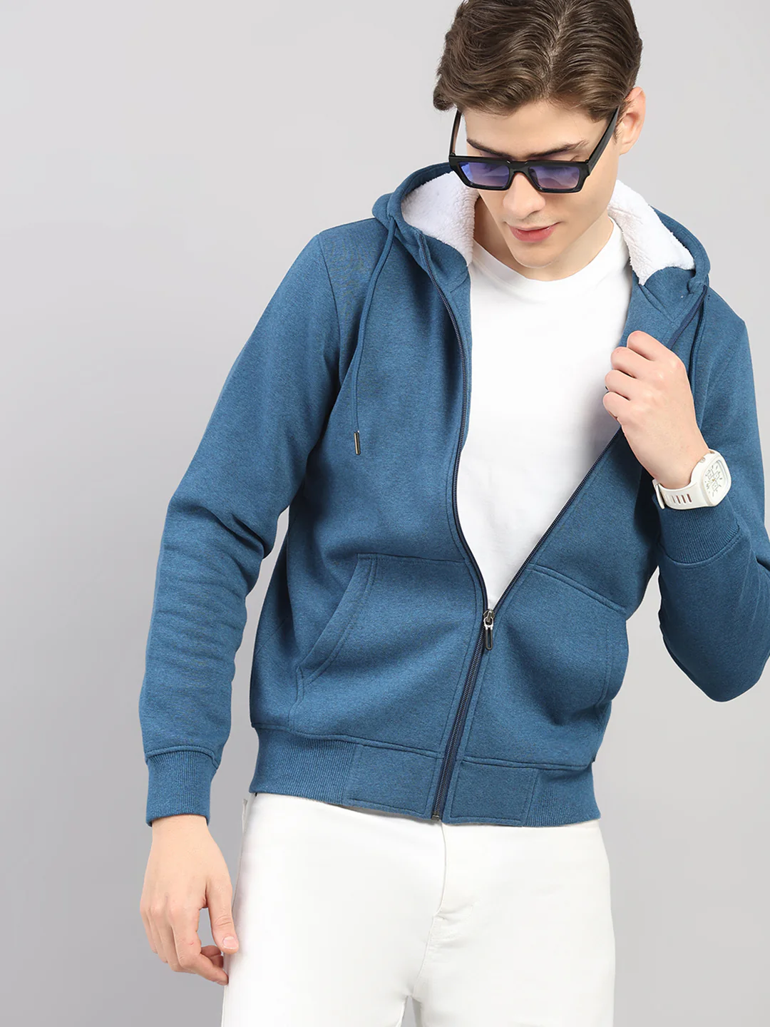 Men Blue Solid Hooded Full Sleeve Sweatshirt - Image 6