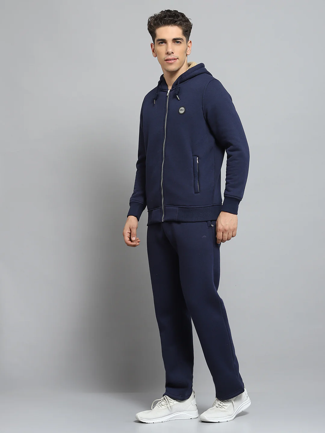 Men Blue Solid Hooded Full Sleeve Winter Tracksuit - Image 3