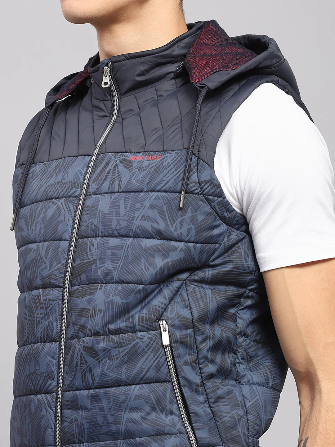 Men Blue Solid Hooded Sleeveless Jacket - Image 6