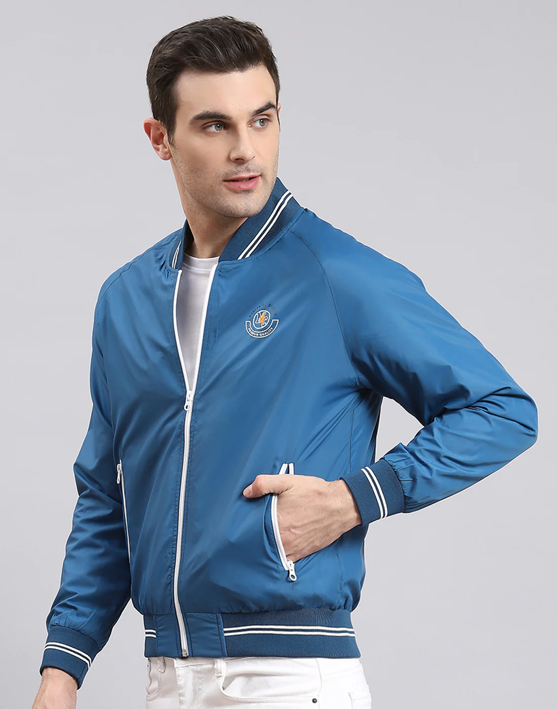 Men Blue Solid Mandarin Collar Full Sleeve Jacket - Image 4