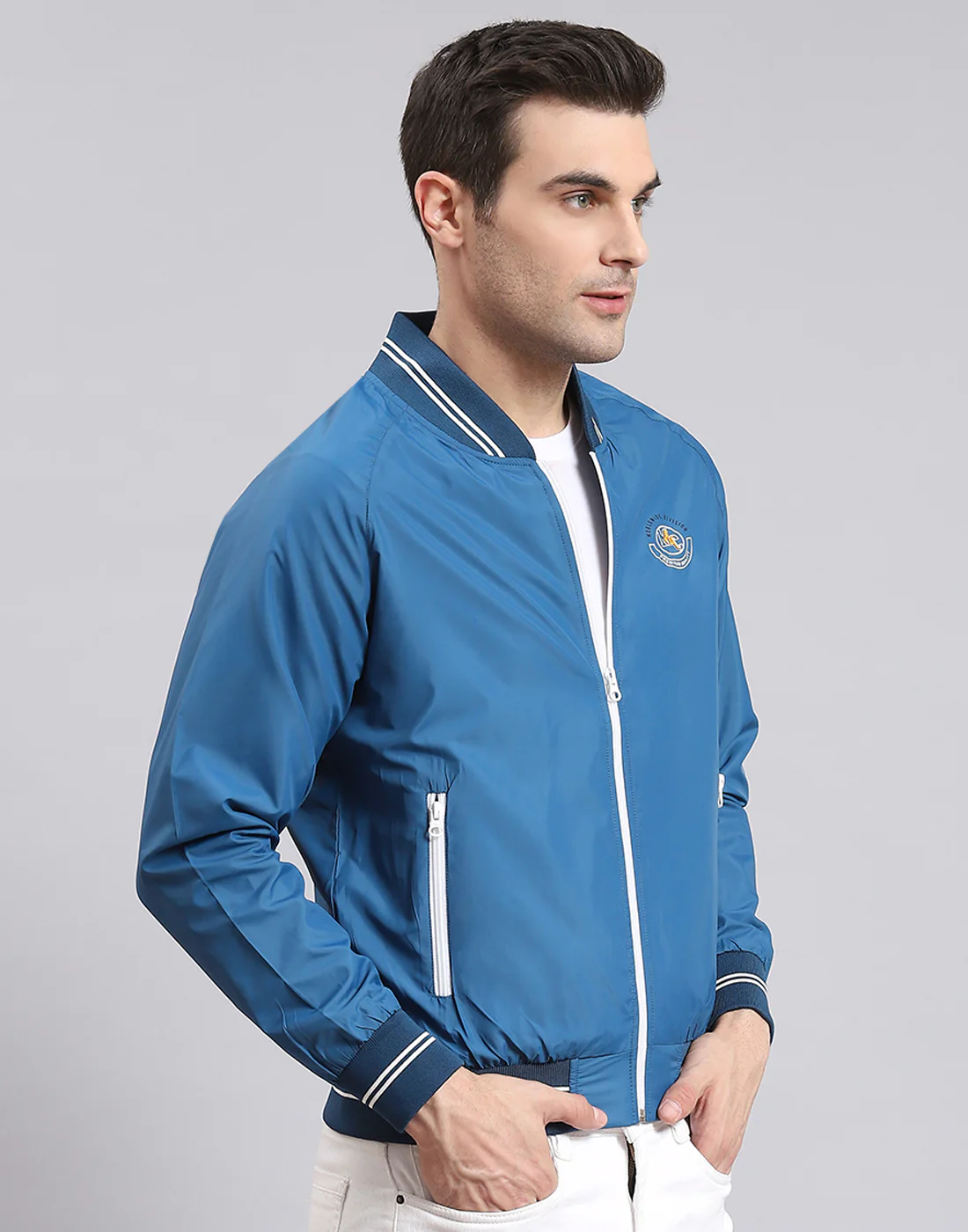 Men Blue Solid Mandarin Collar Full Sleeve Jacket - Image 6