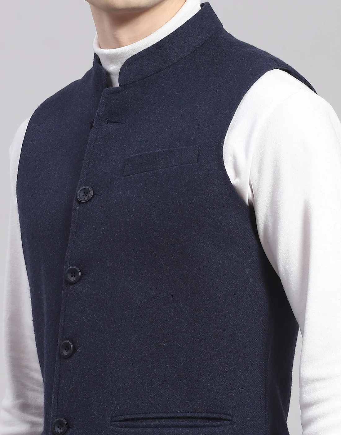 Men Blue Solid Mandarin Collar Sleeveless Nehru Jacket - Image 7