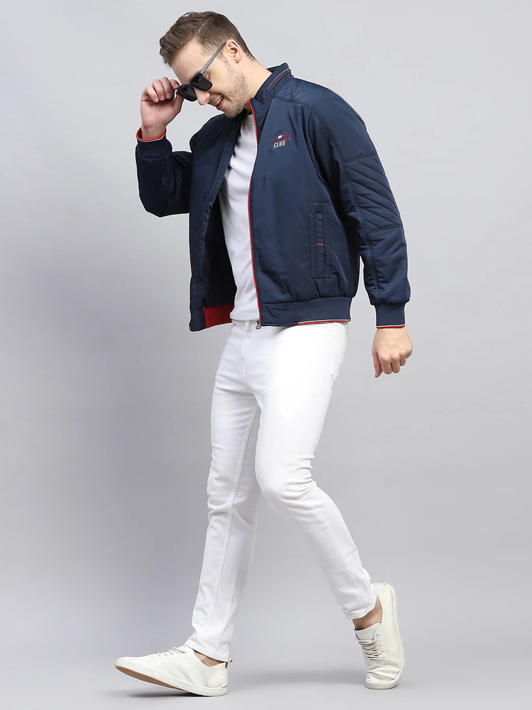 Men Blue Solid Mock Neck Full Sleeve Jacket - Image 2