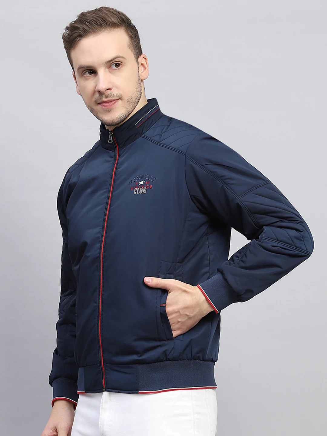 Men Blue Solid Mock Neck Full Sleeve Jacket - Image 3