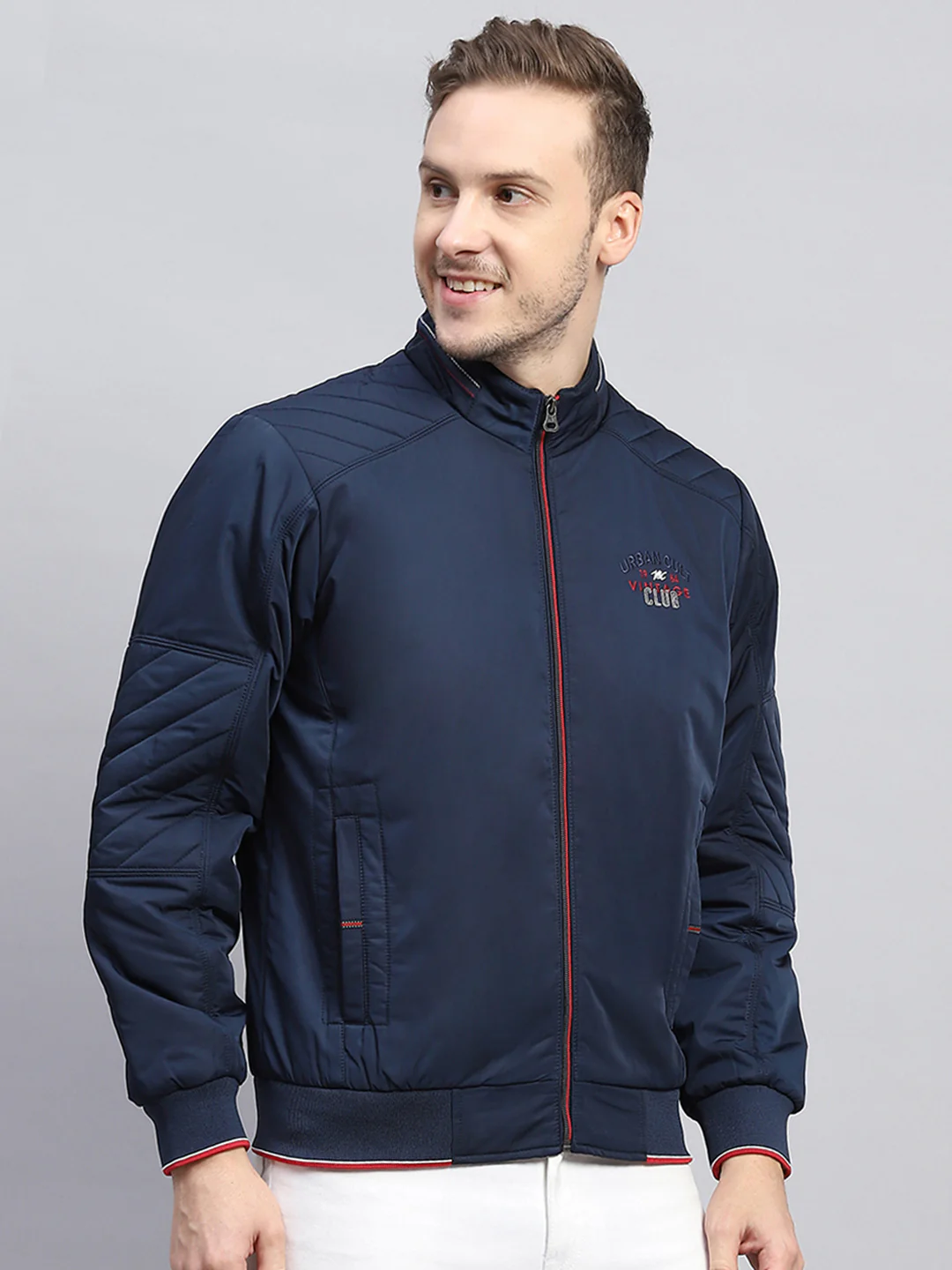 Men Blue Solid Mock Neck Full Sleeve Jacket - Image 4