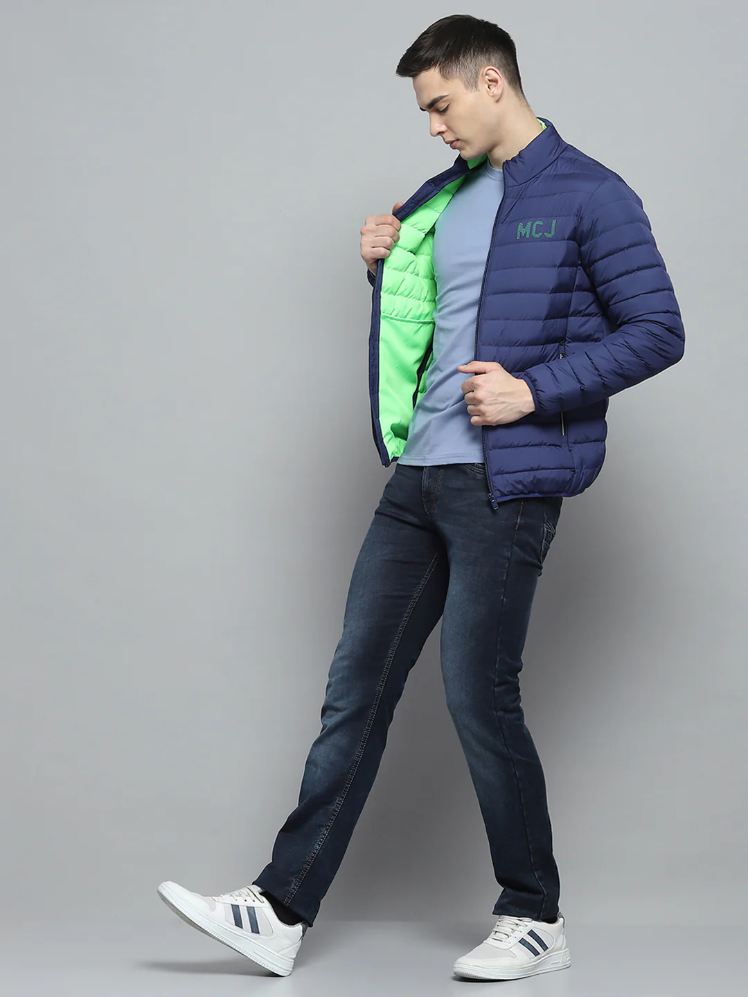 Men Blue Solid Mock Neck Full Sleeve Jacket - Image 2
