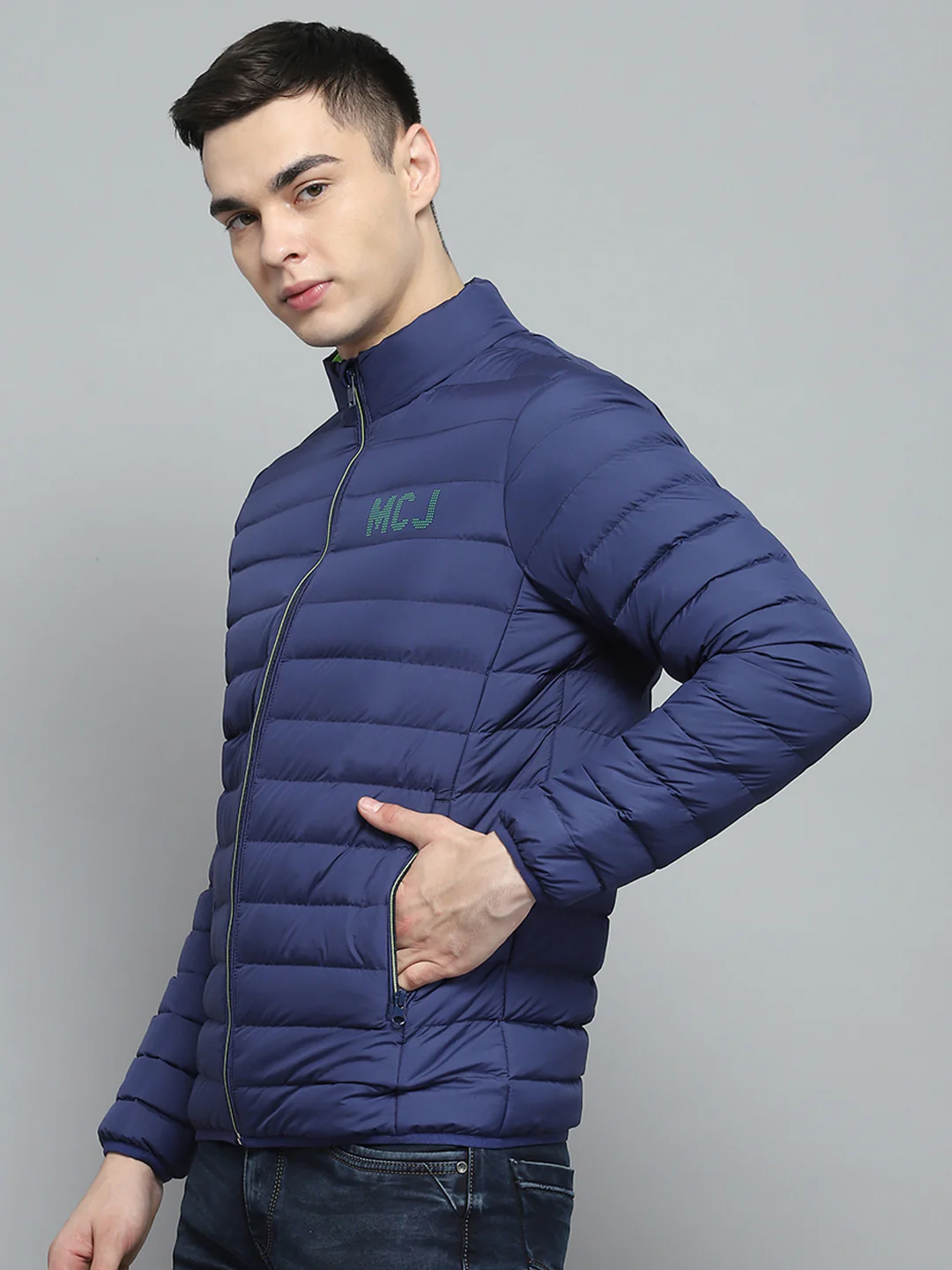 Men Blue Solid Mock Neck Full Sleeve Jacket - Image 3