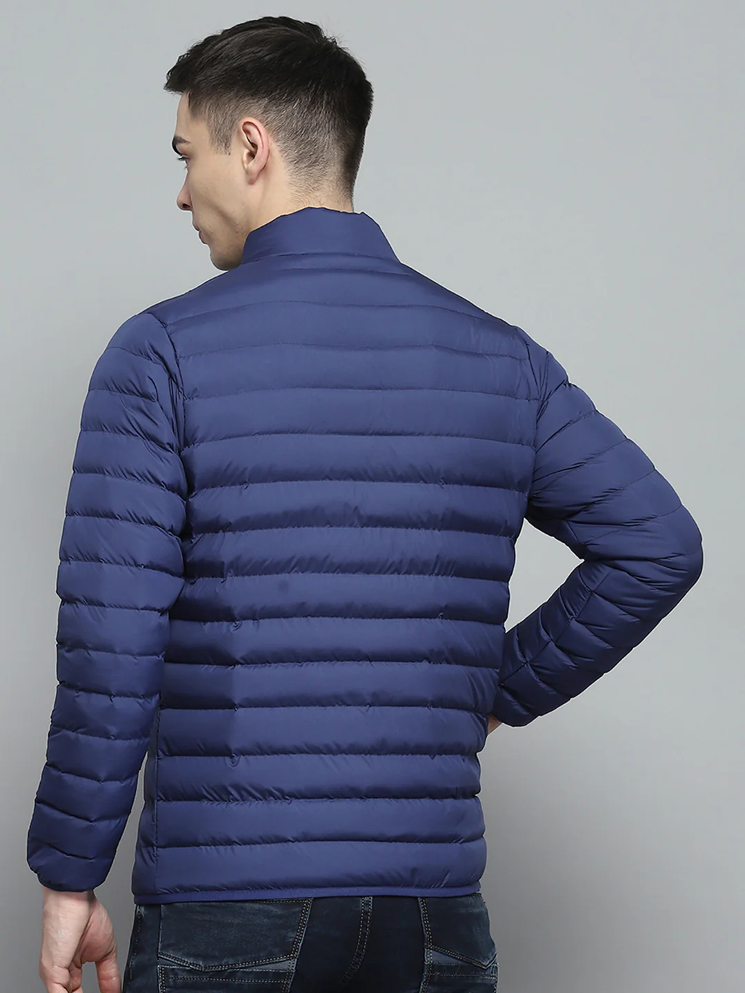 Men Blue Solid Mock Neck Full Sleeve Jacket - Image 5