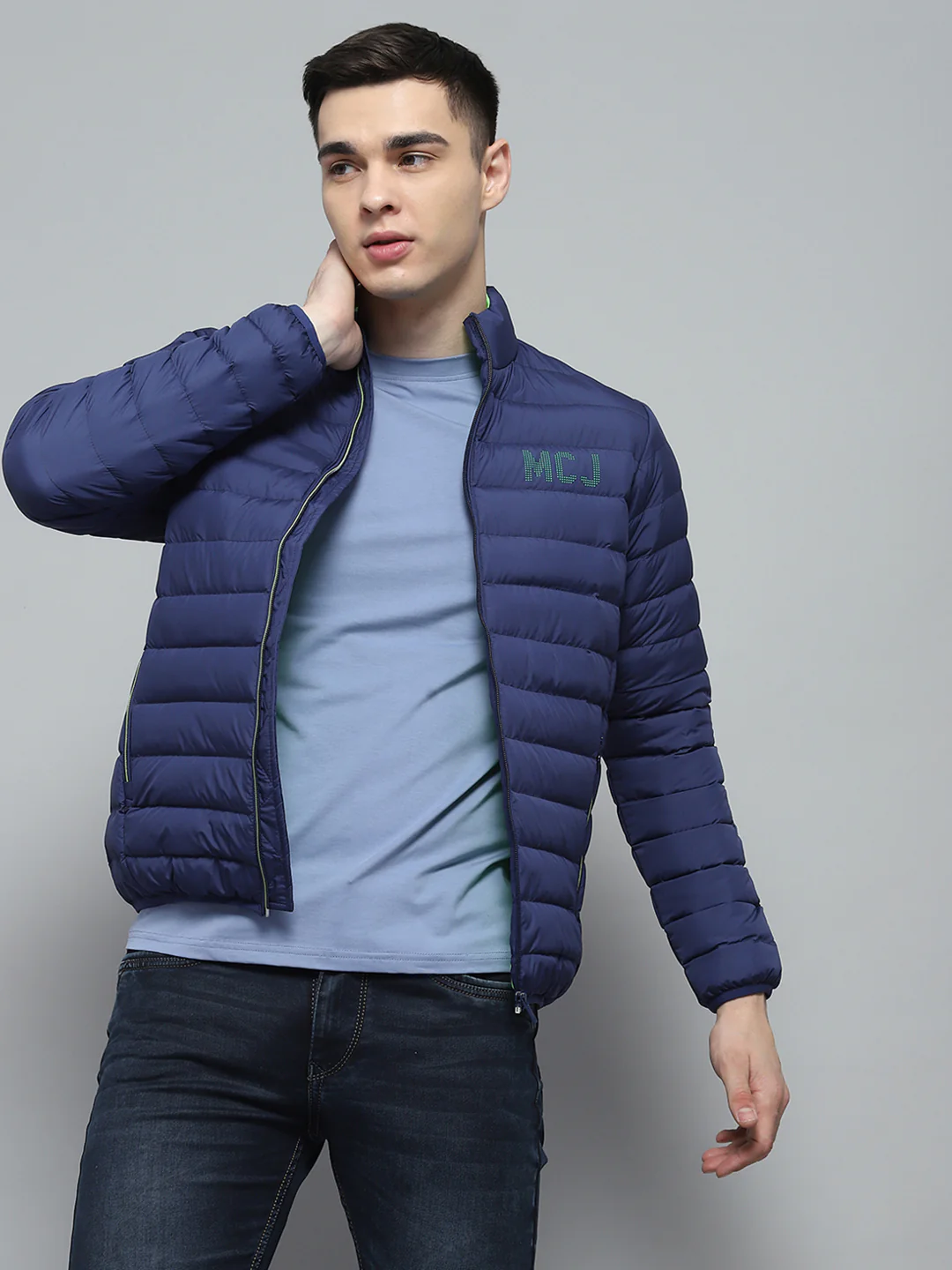 Men Blue Solid Mock Neck Full Sleeve Jacket - Image 6