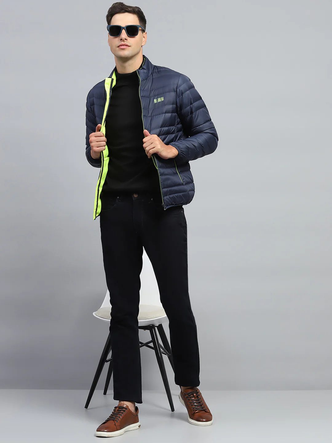 Men Blue Solid Mock Neck Full Sleeve Jacket - Image 2