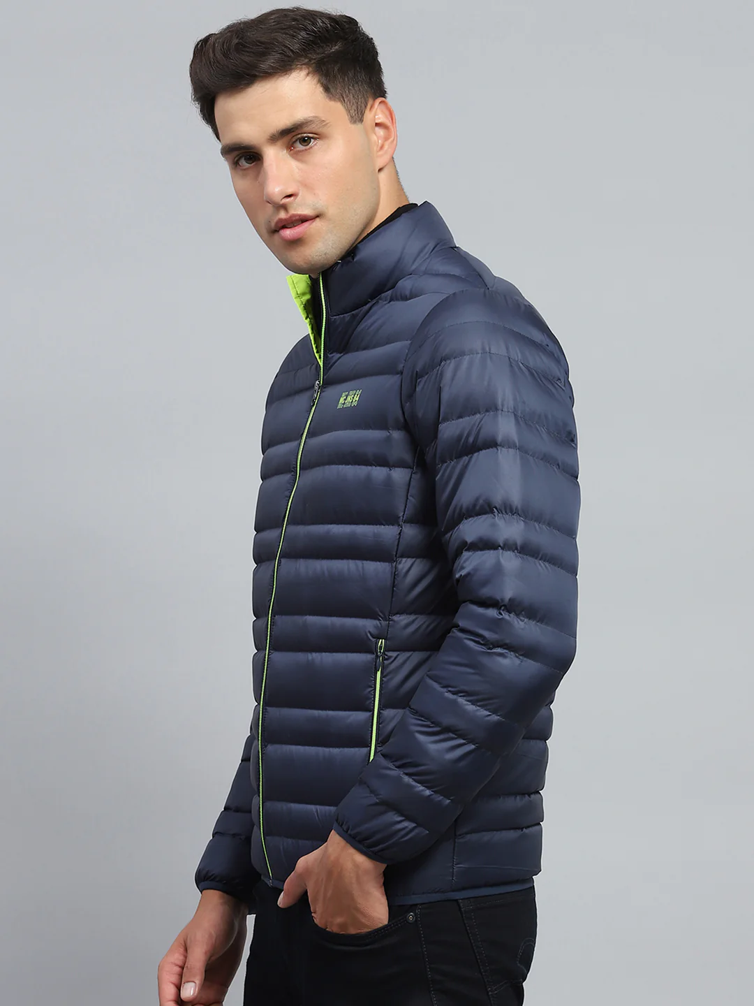 Men Blue Solid Mock Neck Full Sleeve Jacket - Image 3