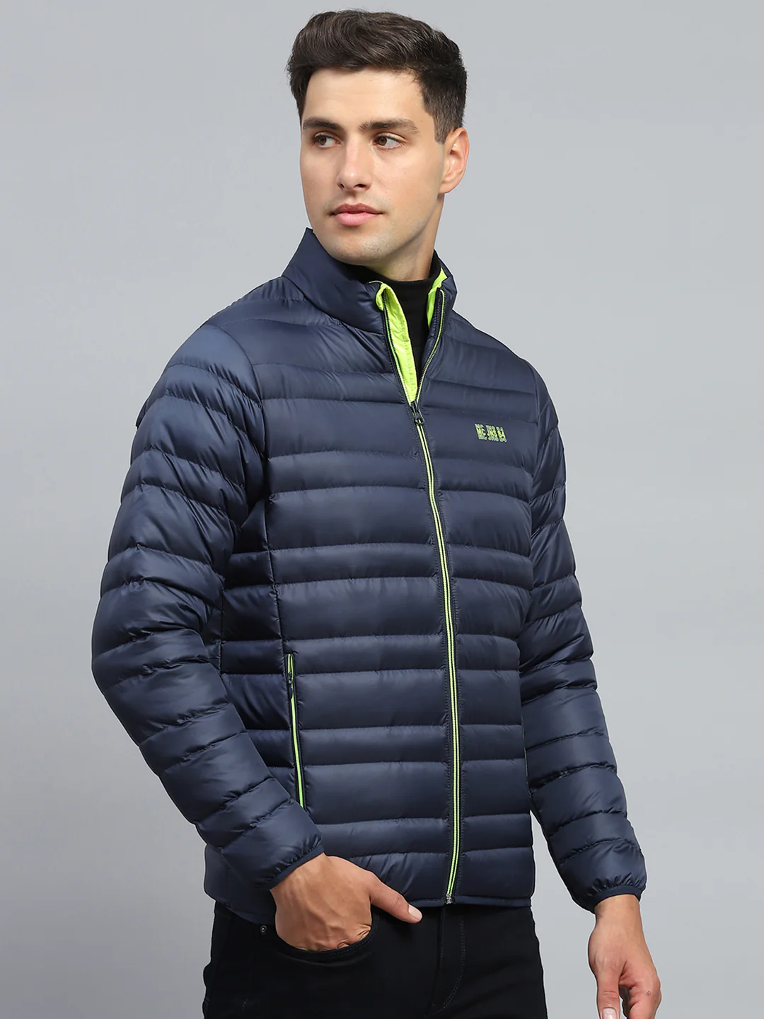Men Blue Solid Mock Neck Full Sleeve Jacket - Image 4