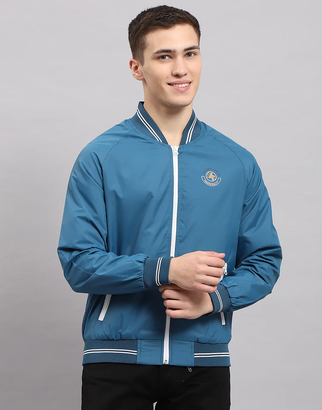 Men Blue Solid Mock Neck Full Sleeve Jacket - Image 2