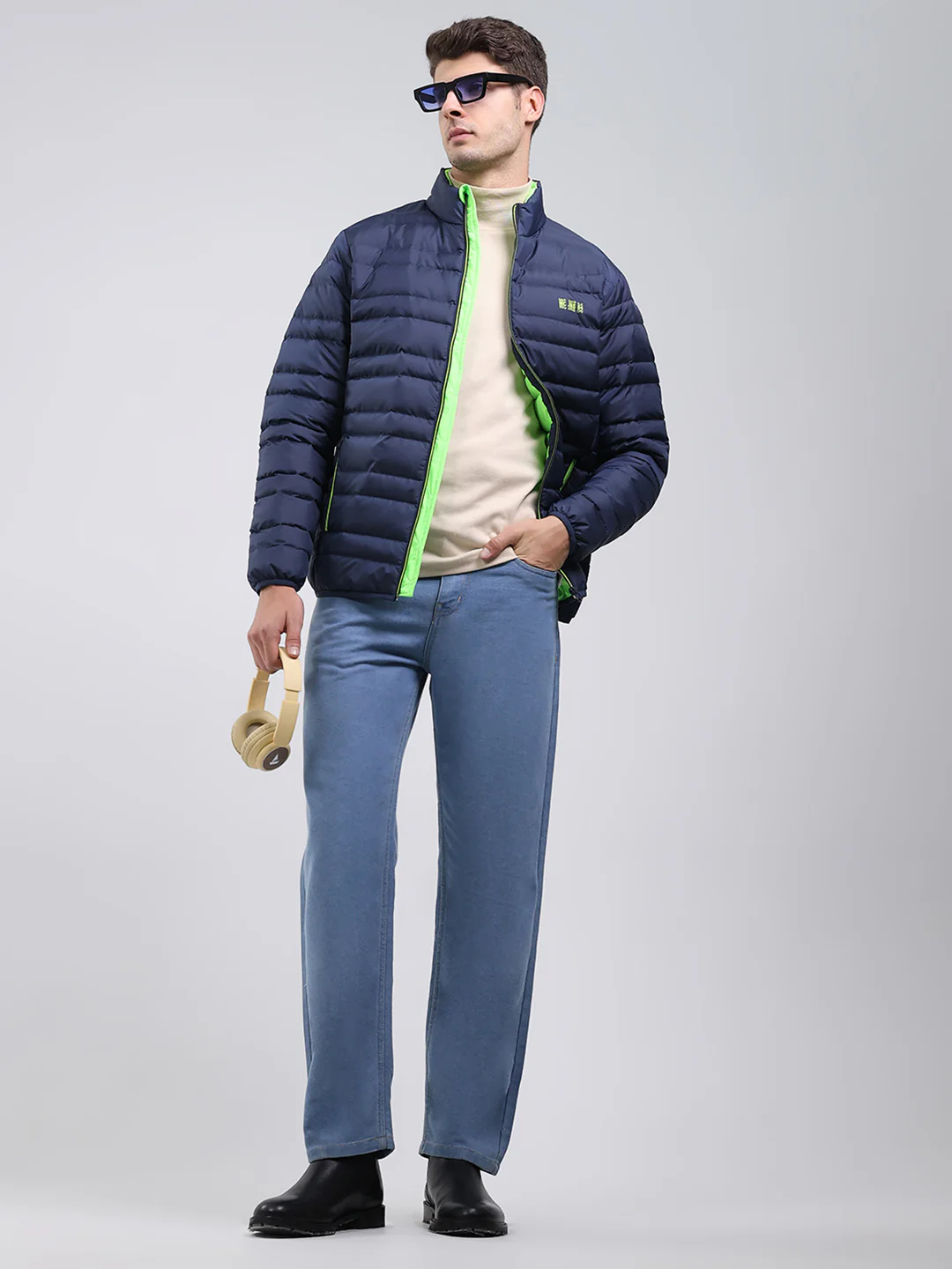 Men Blue Solid Mock Neck Full Sleeve Jacket - Image 2
