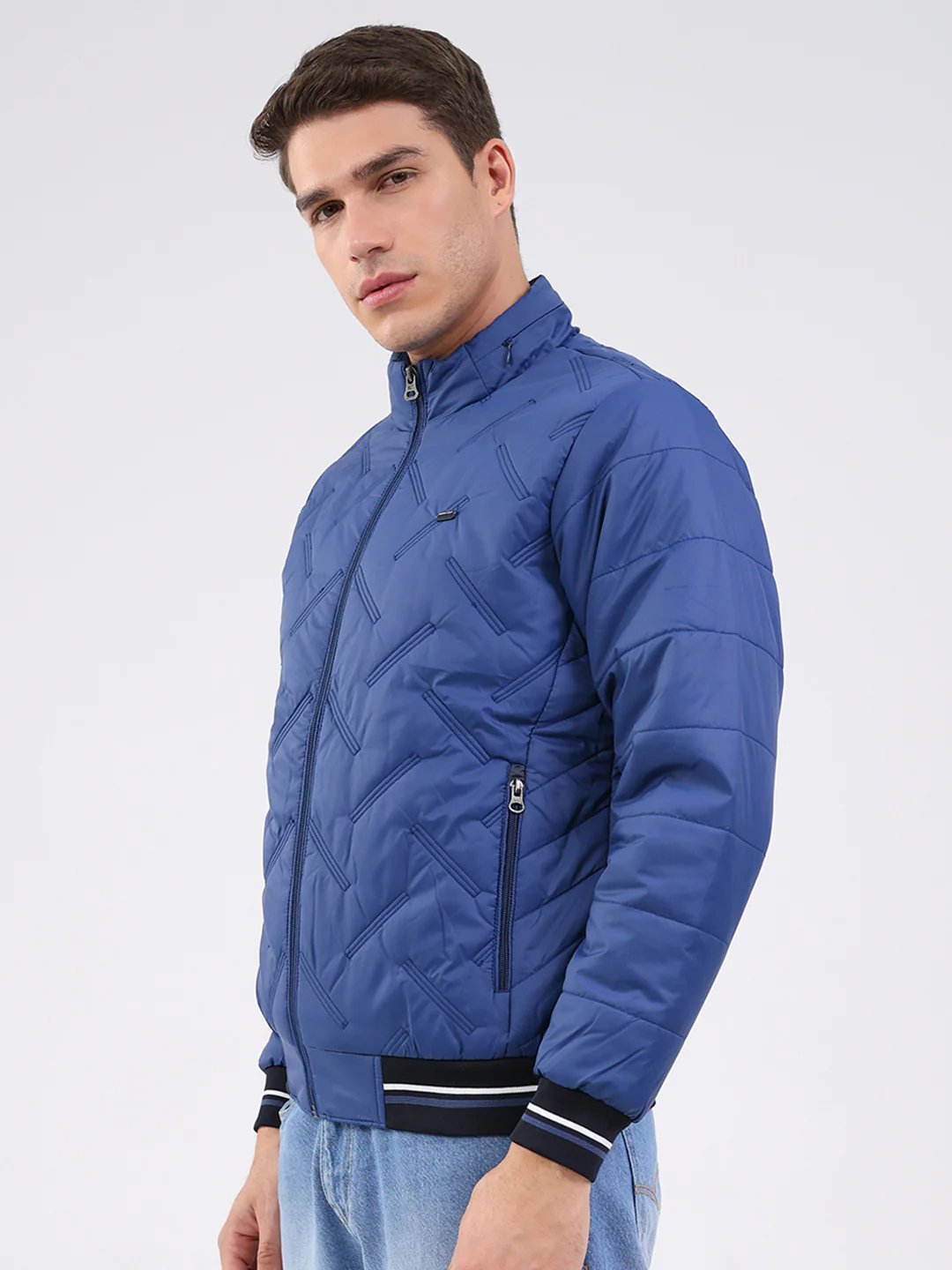 Men Blue Solid Mock Neck Full Sleeve Jacket - Image 3