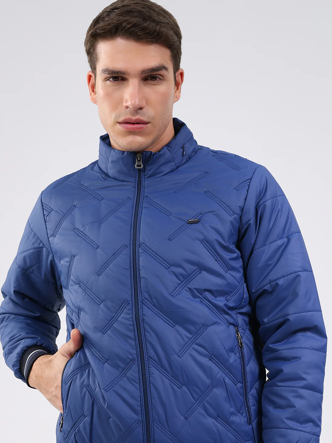 Men Blue Solid Mock Neck Full Sleeve Jacket - Image 7